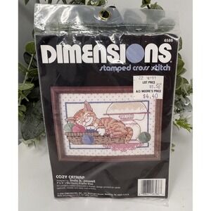 Vintage 1990 Dimensions Cozy Catnap Stamped Cross Stitch Kit Cat Yarn 6586 NOS